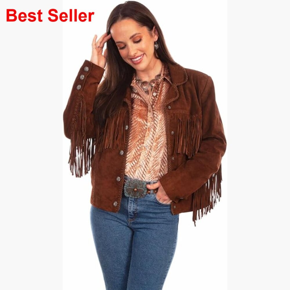 Suede Fringe Jacket With Snap Closure And Lining